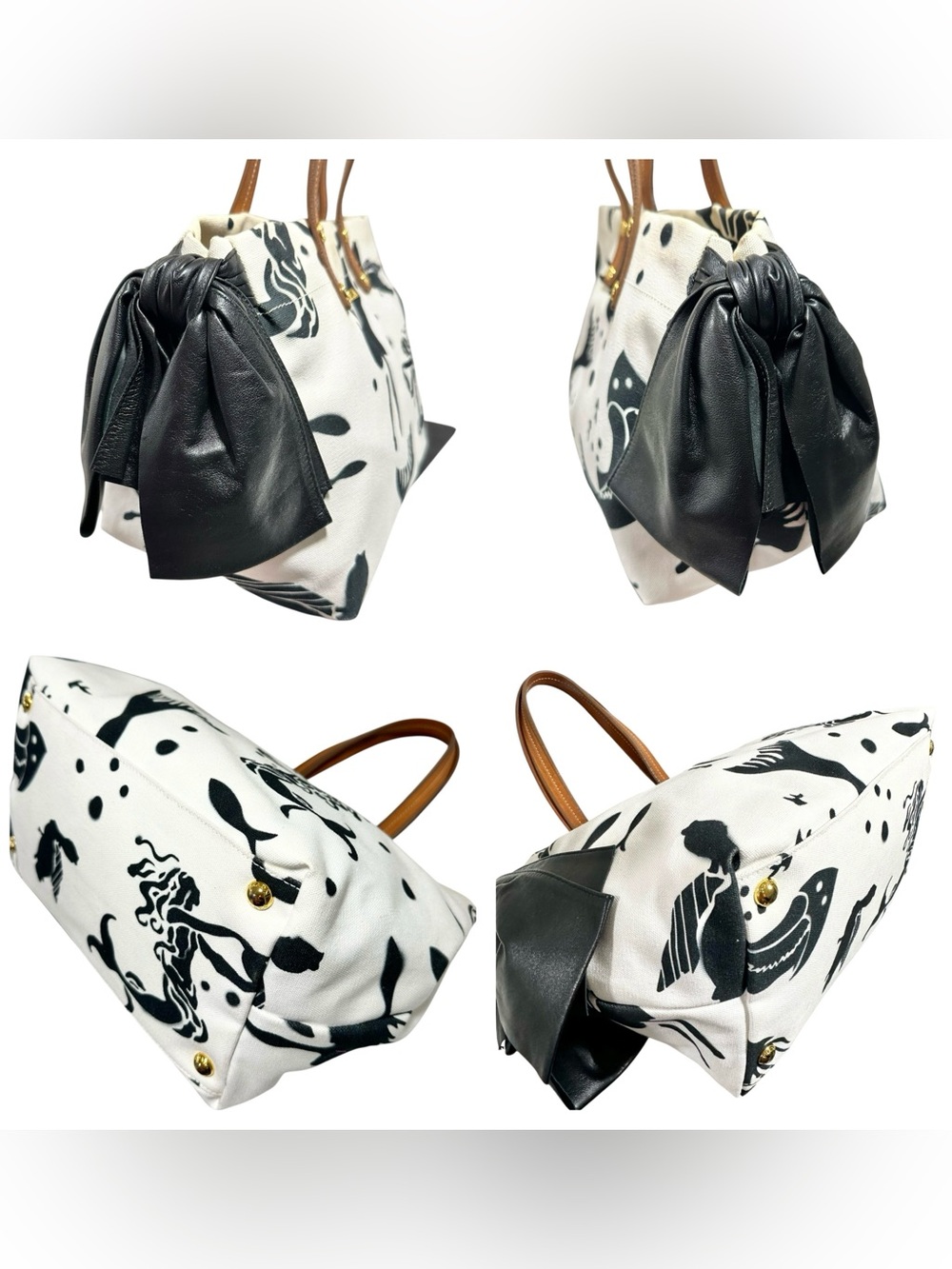 Prada White & Black Mermaid Stampata Canapa & Leather Bow Stampada Bag - Picture 5 of 15